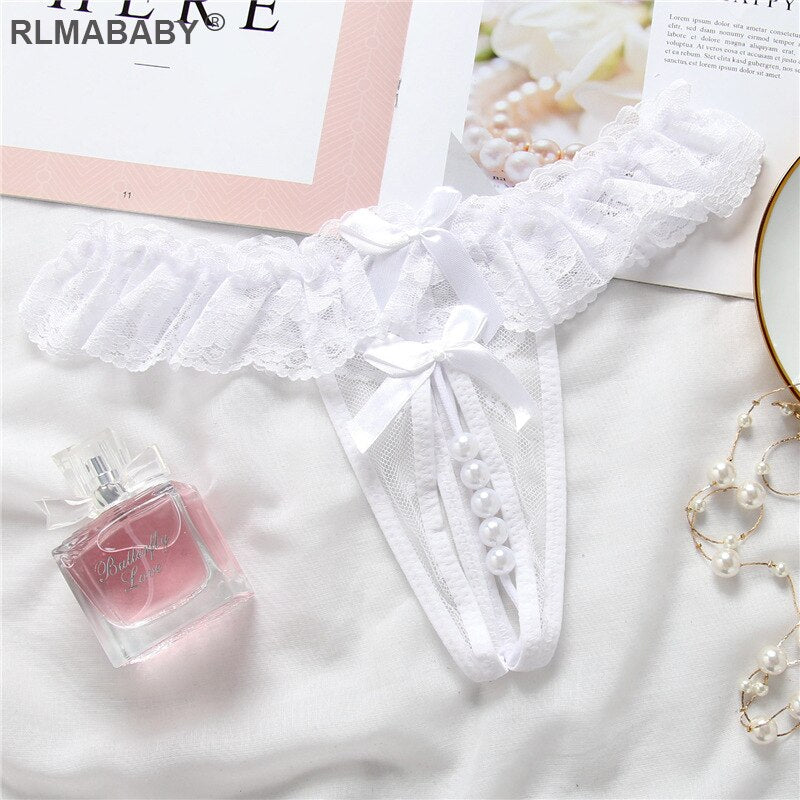 Sexy Women Pearl Crotch Open Lace Thong Slim Transparent Lingerie G-String Solid Color Girl Temptation Massage Underwear Panties