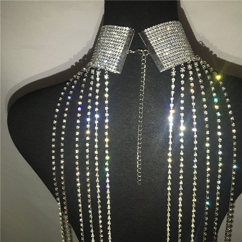 Gold Silver Sparkle Diamonds Dresses Rhinestone Long Tassel Body Chain Loose Sexy Luxury Mini Dress