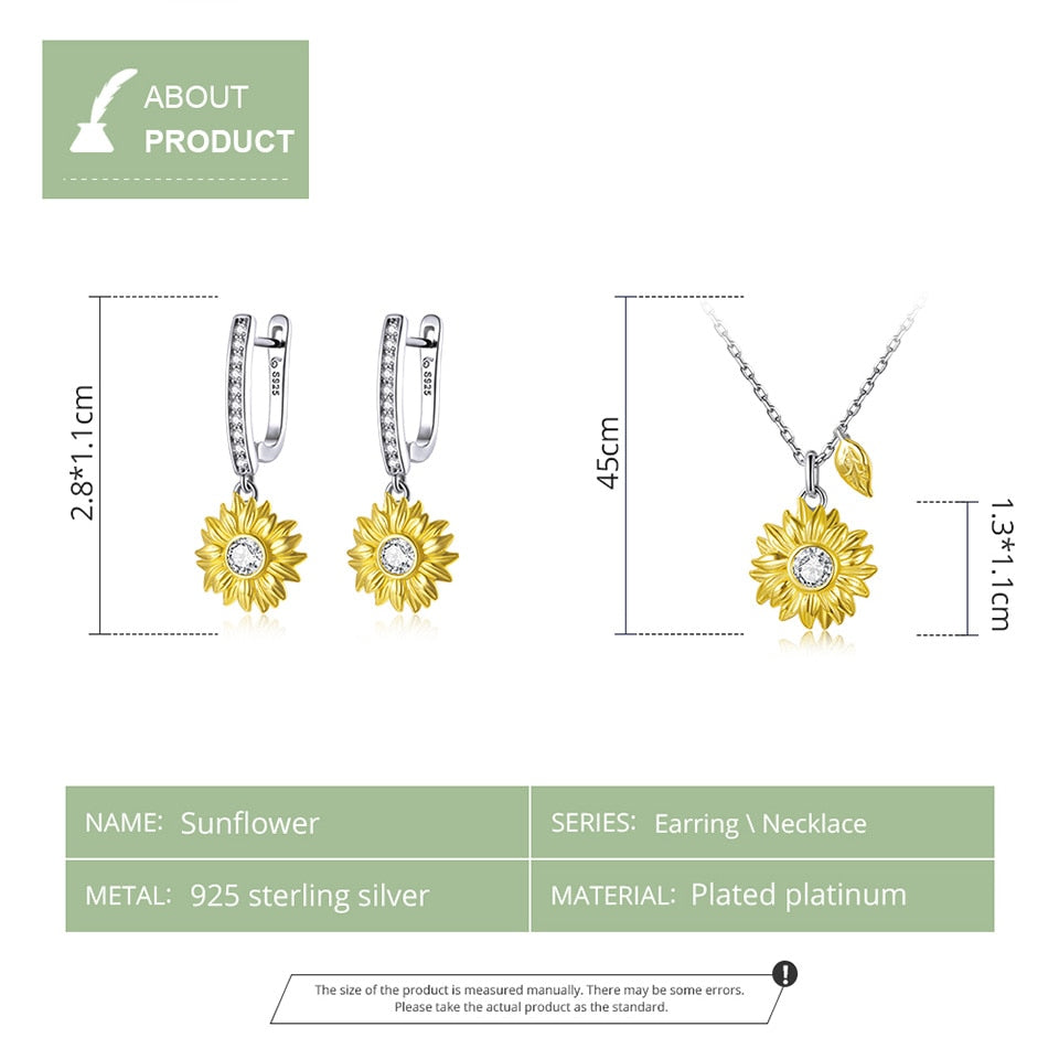 Silver Sunflower Jewelry Set 925 Sterling Silver Gold Color Lucky Necklace Earring