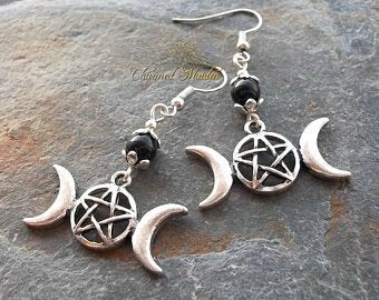 Inverted Crucifix earrings with black glass crystal teardrops. Classic gothic dangling ornamental satanic earrings