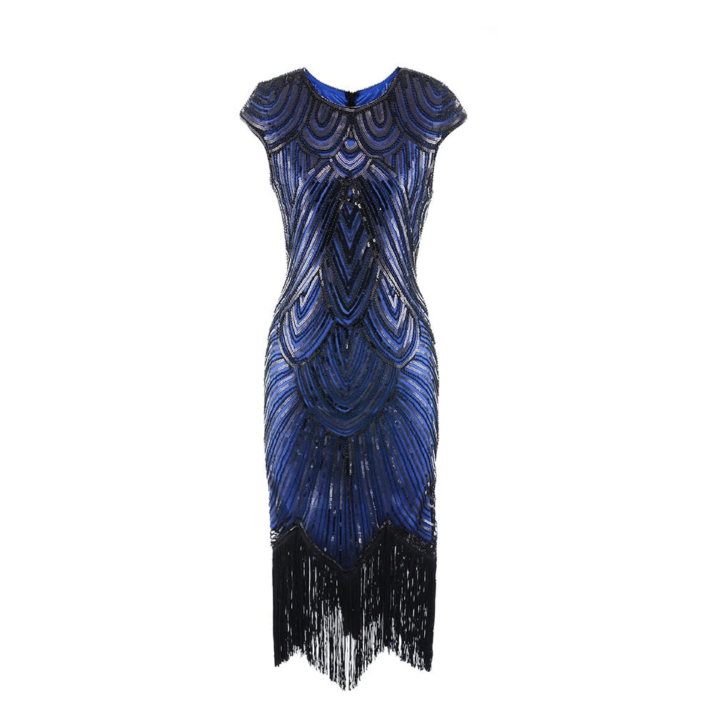 Vintage Flapper Great Gatsby Dress O-Neck Cap Sleeve Sequin Fringe Party Midi Dress