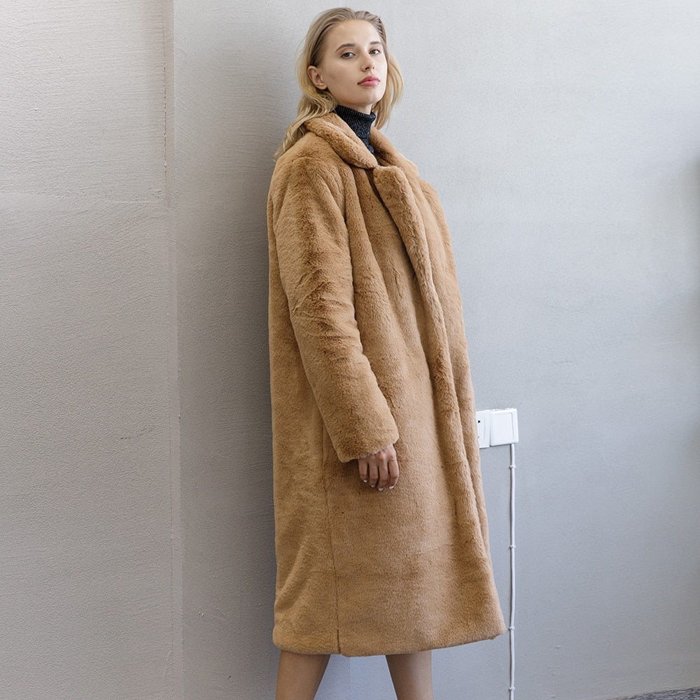 Winter Warm Faux Fur Coat Thick Long Coat Turn Down Collar Women Warm Coat Casaco Feminino