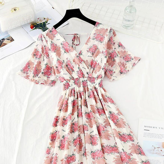 Ruffled Short-sleeved Chiffon V-neck High Waist Floral Print Beach Midi Dresses