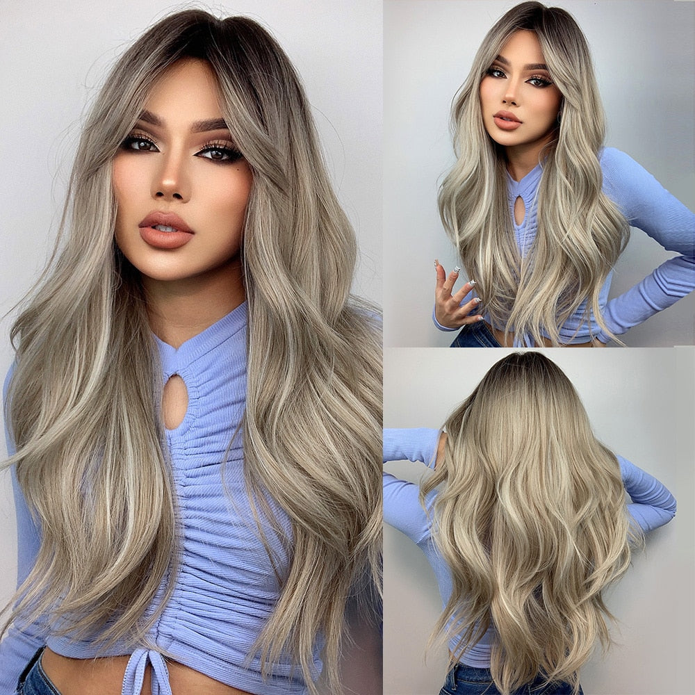 Long Wavy Synthetic Wigs With Long Bangs Blonde Ombre Natural Hair Wig Heat Resistant Fiber Wig