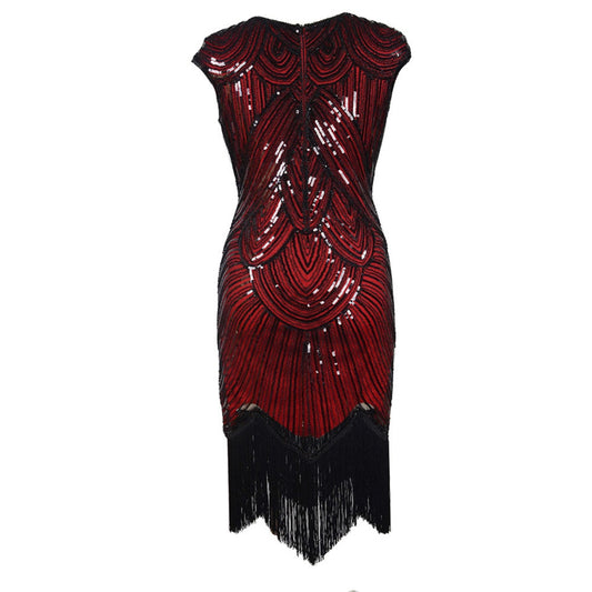 Vintage Flapper Great Gatsby Dress O-Neck Cap Sleeve Sequin Fringe Party Midi Dress