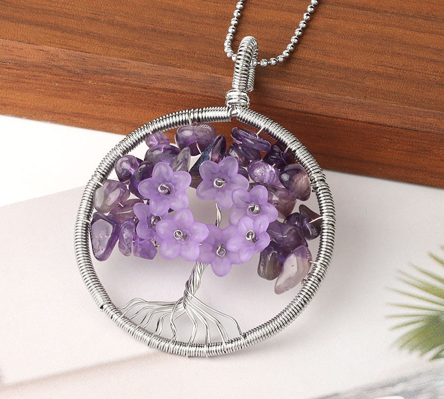 Tree of Life Pendant Necklace Natural Stone Quartz Crystal Chip Bead Flower Reiki Jewelry