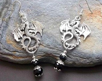 Inverted Crucifix earrings with black glass crystal teardrops. Classic gothic dangling ornamental satanic earrings