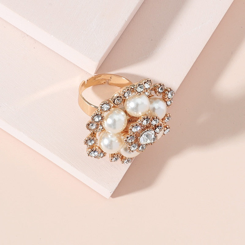 Luxury Pearl Stone Big Flower Joint Ring Kpop Gold Color Alloy Temperament Flower Ring adjustable