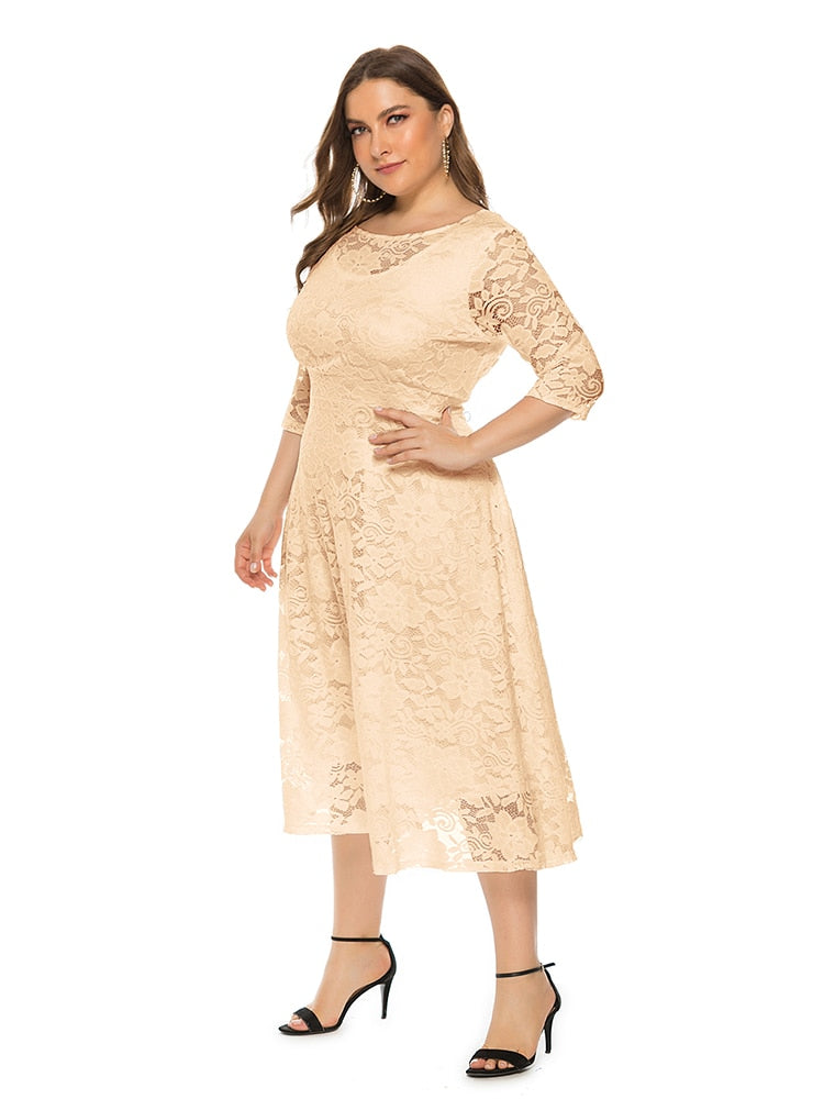 Plus Size Lace Evening Dress A-line Tea-length Dress with Pockets for Party