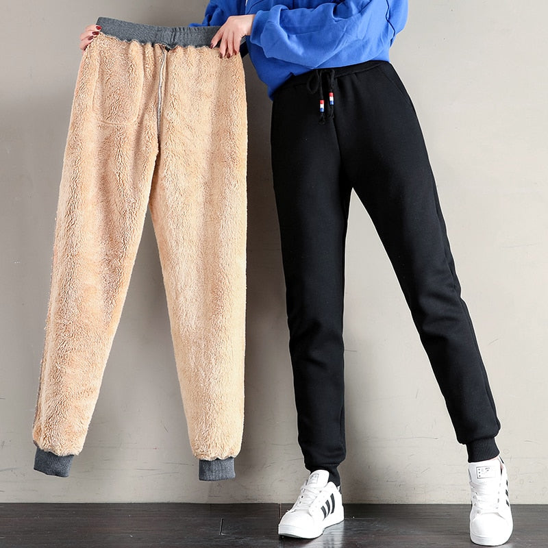 Women Winter Thick Lambskin Cashmere Pants Warm Casual Cotton Pants Loose Harlan Trousers