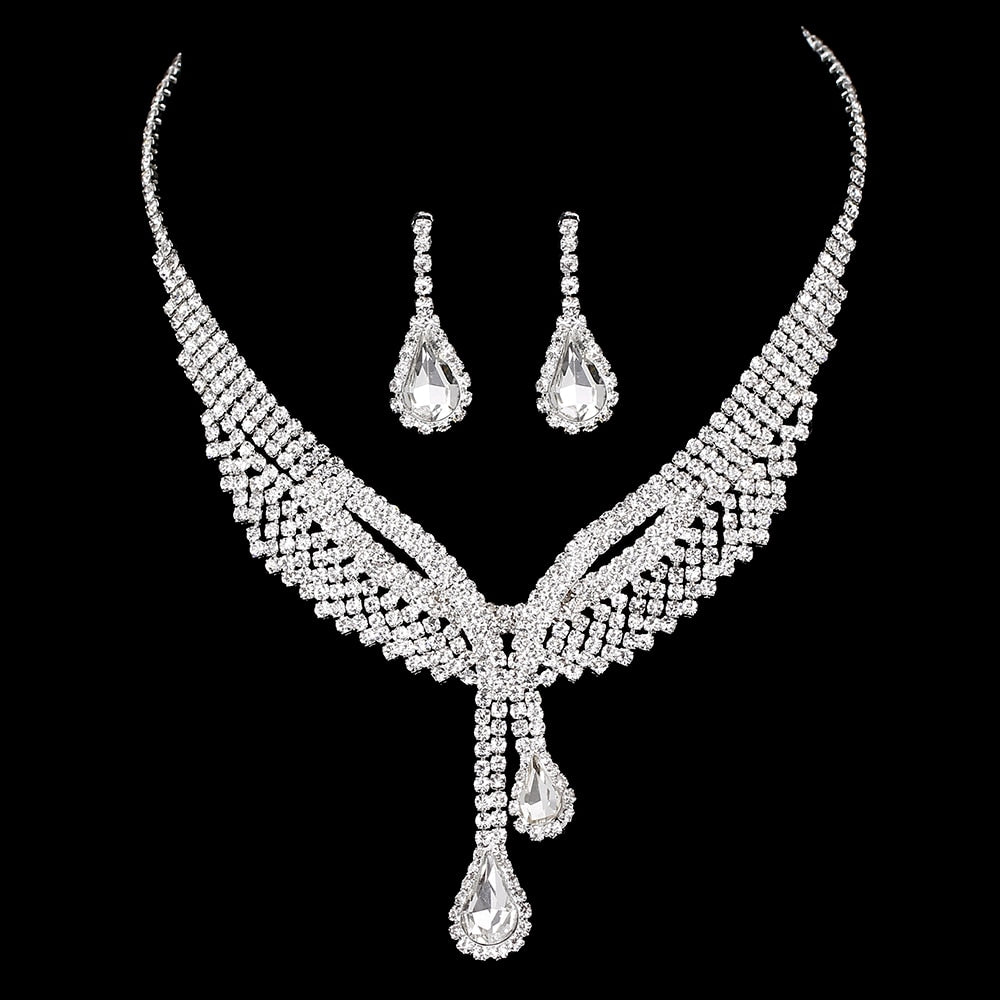 Luxury Silver Color Crystal Choker Heart Tassels Bridal Wedding Jewelry Sets