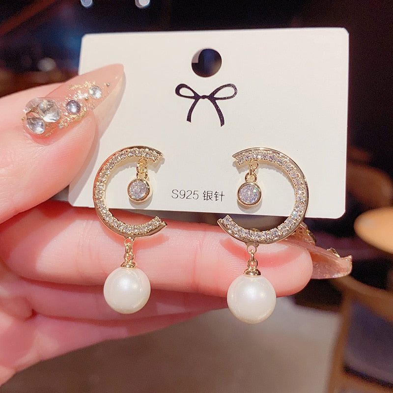 White Pearl Drop Earrings Bohemian Golden Round Zircon Earrings Jewelry