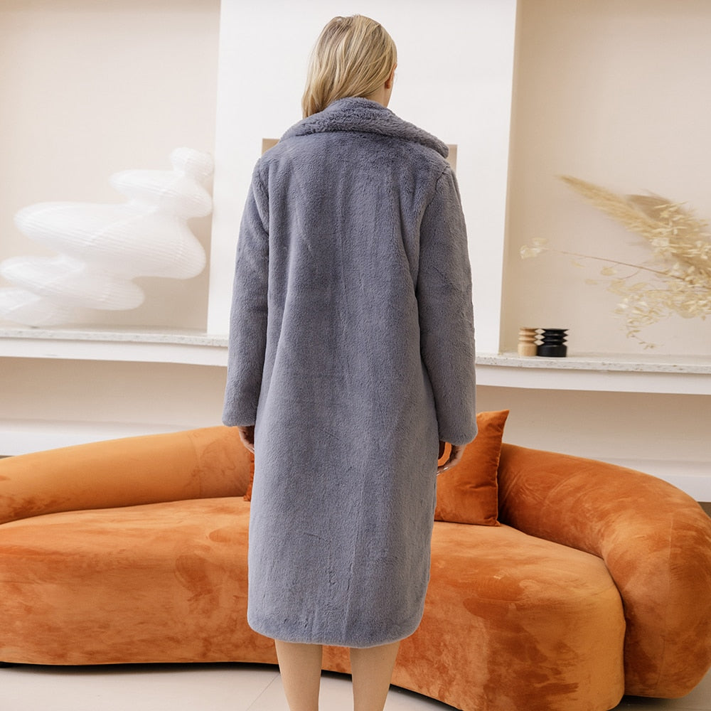 Winter Warm Faux Fur Coat Thick Long Coat Turn Down Collar Women Warm Coat Casaco Feminino