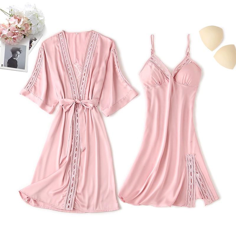 Lace Trim Sexy Robe Suit Loose Satin Kimono Bathrobe Gown Mini Sleepwear Rayon Intimate Lingerie