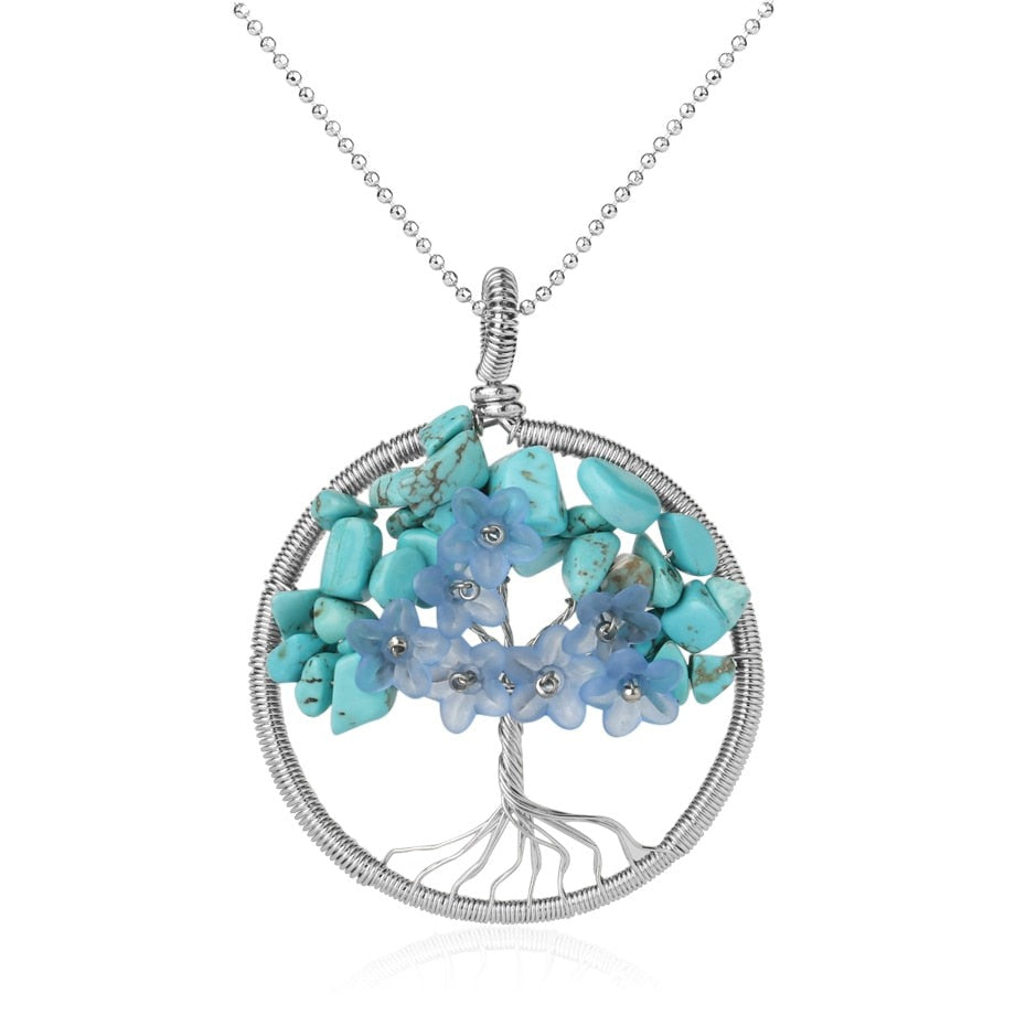 Tree of Life Pendant Necklace Natural Stone Quartz Crystal Chip Bead Flower Reiki Jewelry