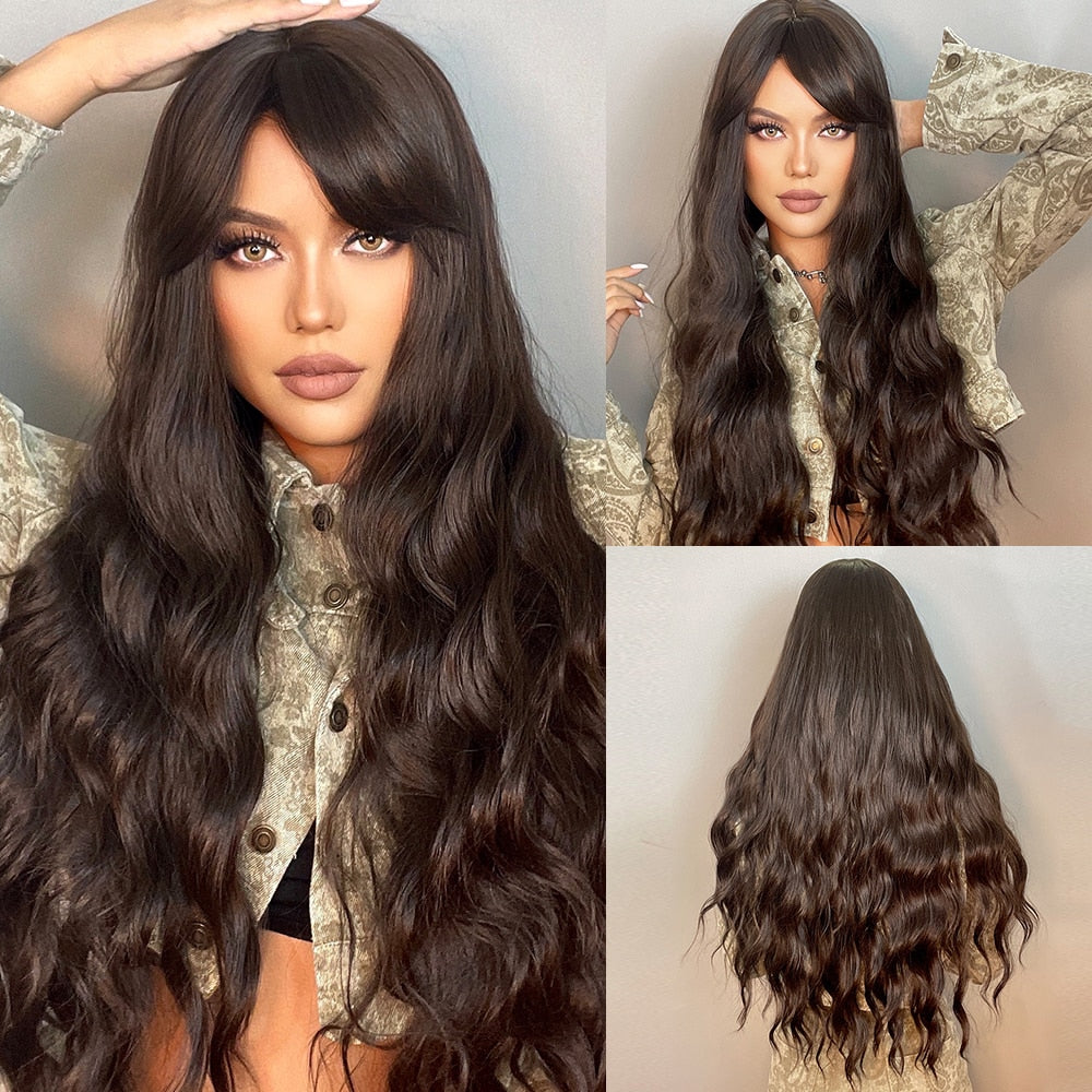 Long Wavy Synthetic Wigs With Long Bangs Dark Brown Natural Hair Wig Heat Resistant Fiber Wig