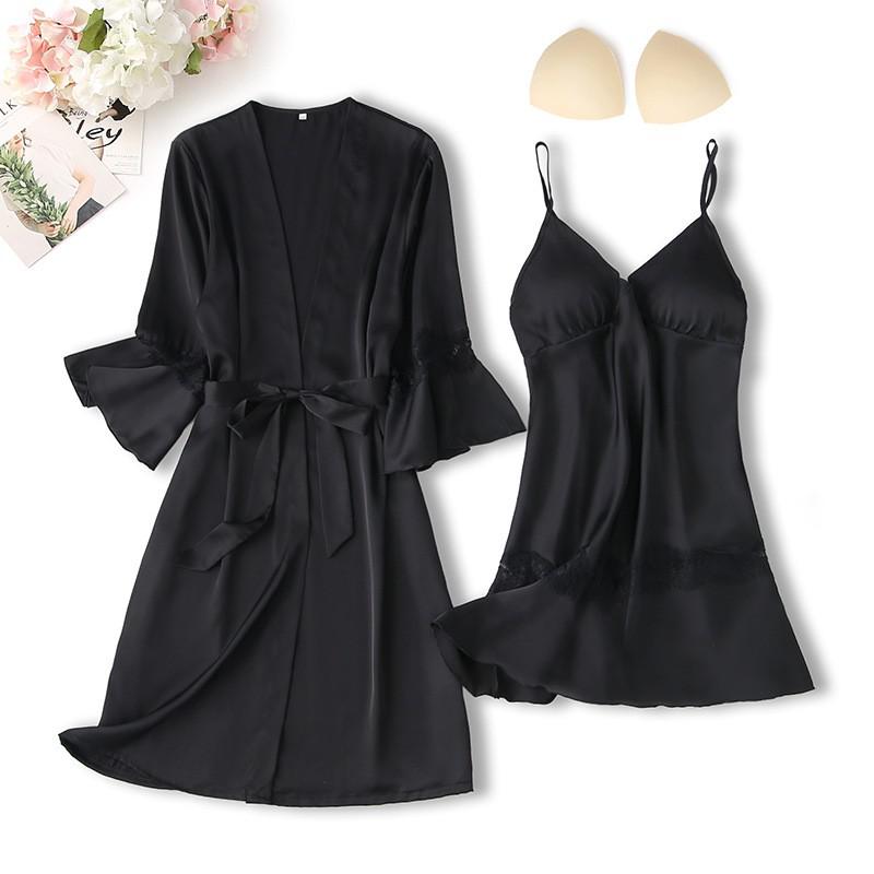 Lace Trim Sexy Robe Suit Loose Satin Kimono Bathrobe Gown Mini Sleepwear Rayon Intimate Lingerie