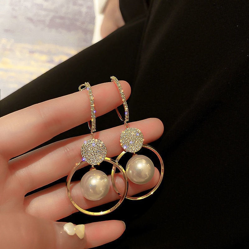 White Pearl Drop Earrings Bohemian Golden Round Zircon Earrings Jewelry