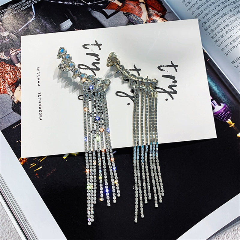 Long Tassel Full Rhinestone Drop Earrings Shiny Water Drop Crystal Dangle Earrings