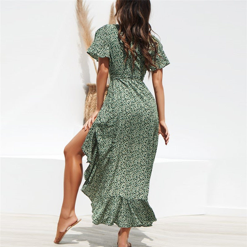 Women Floral Print Boho Long Chiffon Ruffles Wrap Casual V-Neck Dress