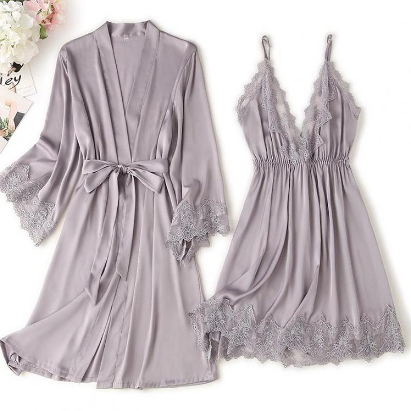 Lace Trim Sexy Robe Suit Loose Satin Kimono Bathrobe Gown Mini Sleepwear Rayon Intimate Lingerie