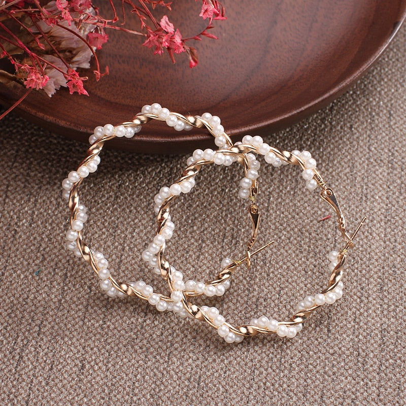 white boho imitation pearl round circle hoop earrings female gold color big earrings jewelry statement earrings