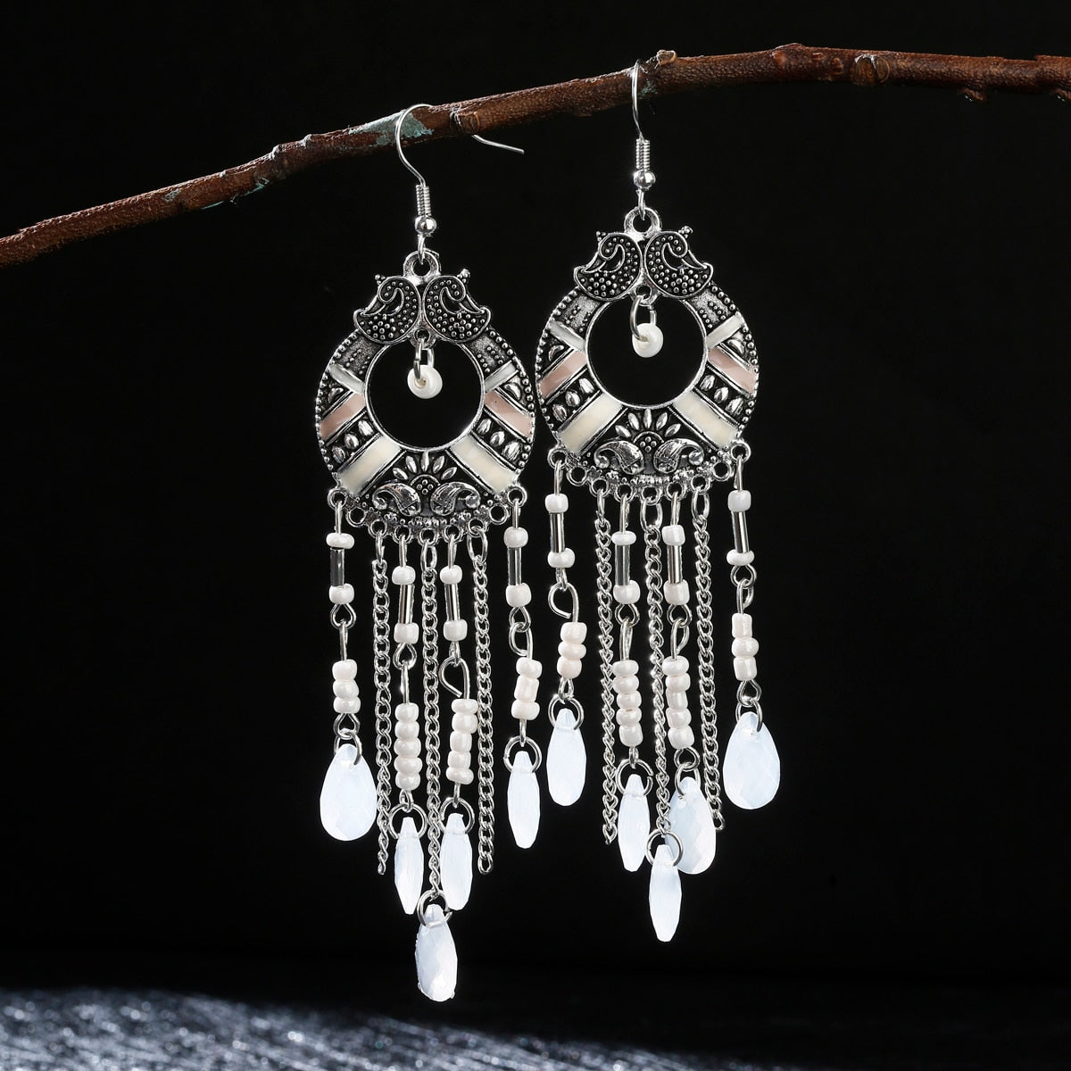 Vintage Ethnic Bohemian White Beads Geometric Metal Tassel Indian Earrings Tibetan Jewelry