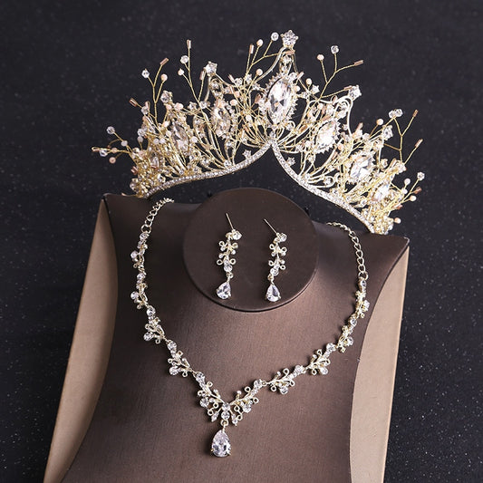 Costume Bridal Rhinestone Crystal Gold Color Tiara Wedding Bride Luxury Jewelry Set