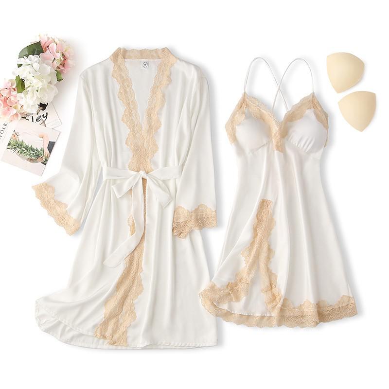 Lace Trim Sexy Robe Suit Loose Satin Kimono Bathrobe Gown Mini Sleepwear Rayon Intimate Lingerie