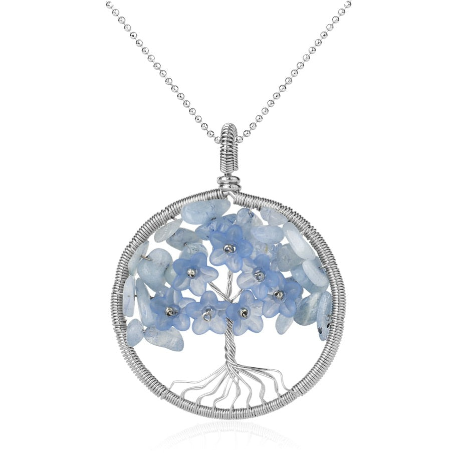 Tree of Life Pendant Necklace Natural Stone Quartz Crystal Chip Bead Flower Reiki Jewelry