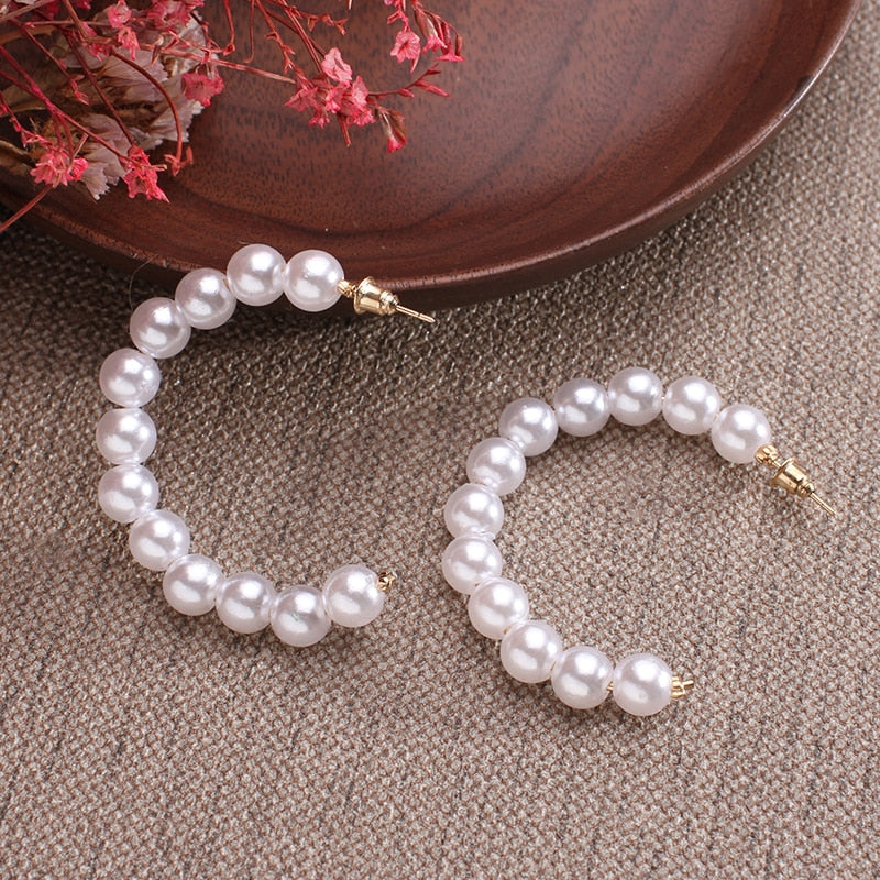 white boho imitation pearl round circle hoop earrings female gold color big earrings jewelry statement earrings