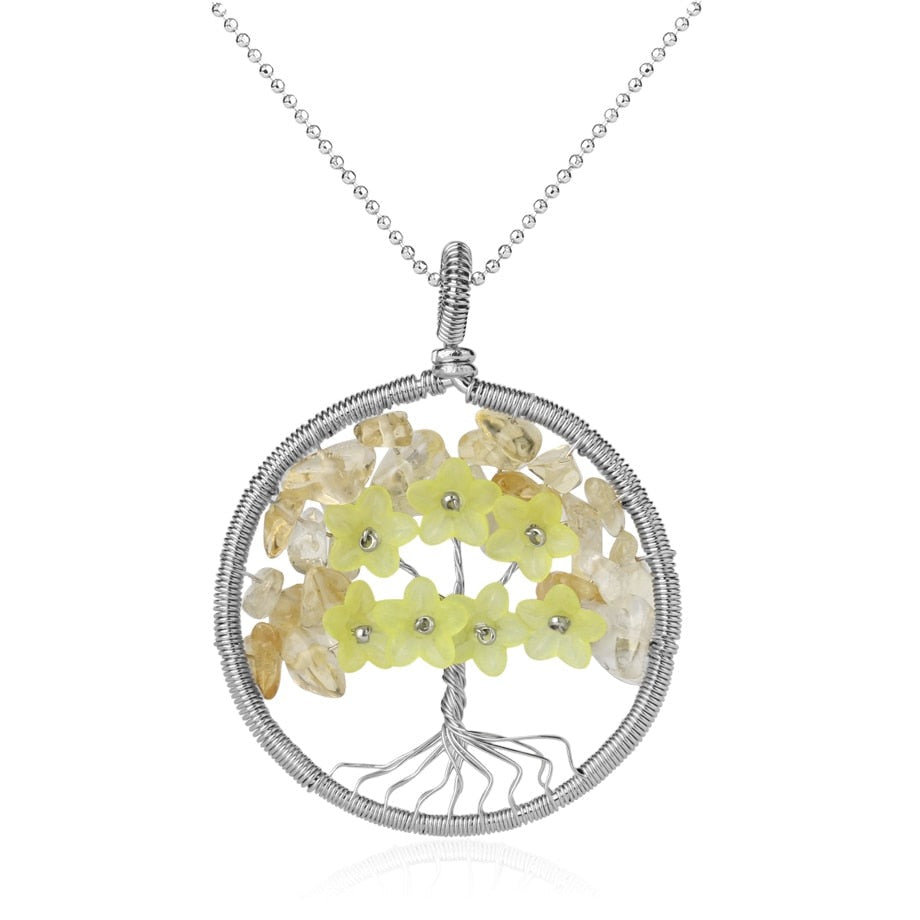 Tree of Life Pendant Necklace Natural Stone Quartz Crystal Chip Bead Flower Reiki Jewelry