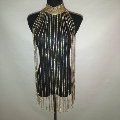 Gold Silver Sparkle Diamonds Dresses Rhinestone Long Tassel Body Chain Loose Sexy Luxury Mini Dress