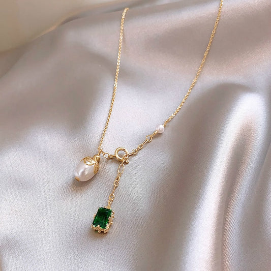 Green Pearl Pendant Necklace Delicate Elegant Clavicle Geometric Simple Neck Chain