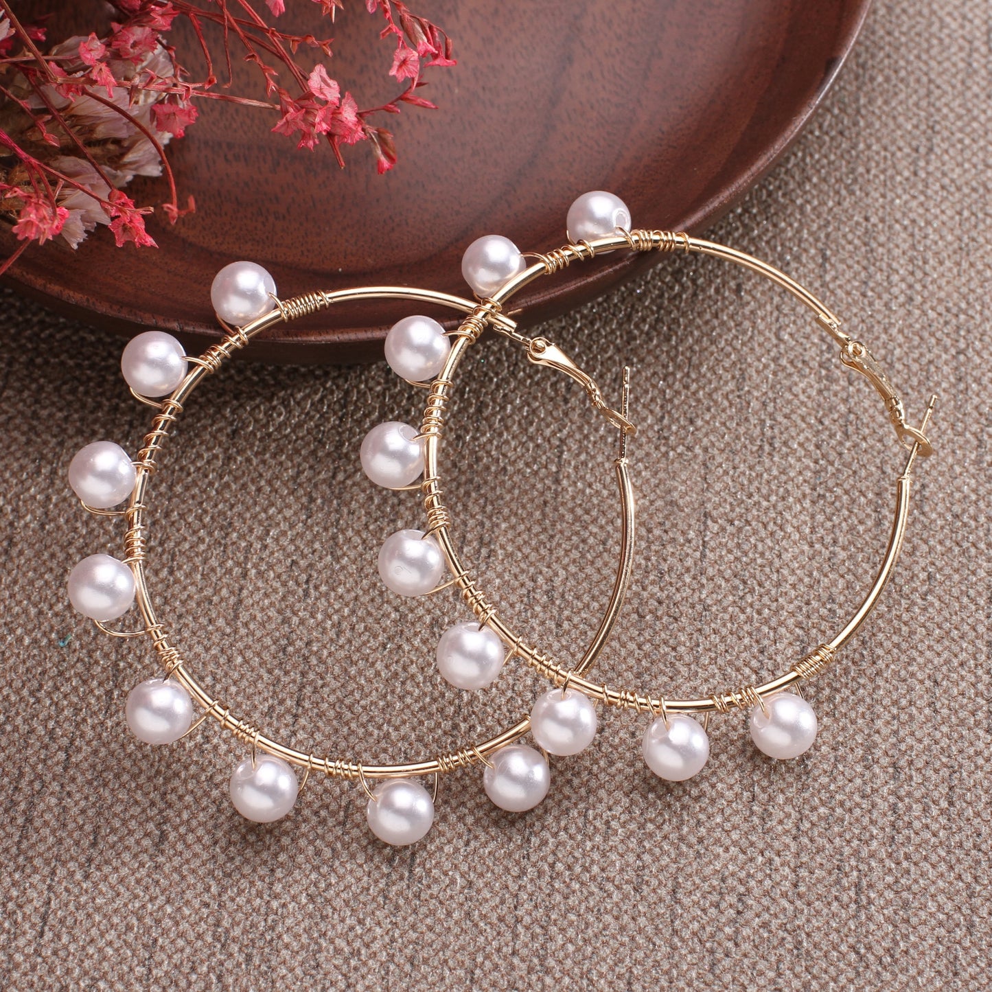 white boho imitation pearl round circle hoop earrings female gold color big earrings jewelry statement earrings