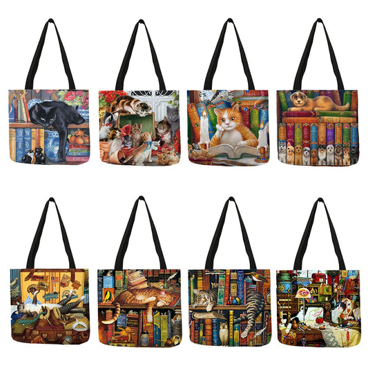 Oil Painting Cat Print Designer Tote Bags Linen Reusable Shopping Bag For Groceries Shoulder Bags