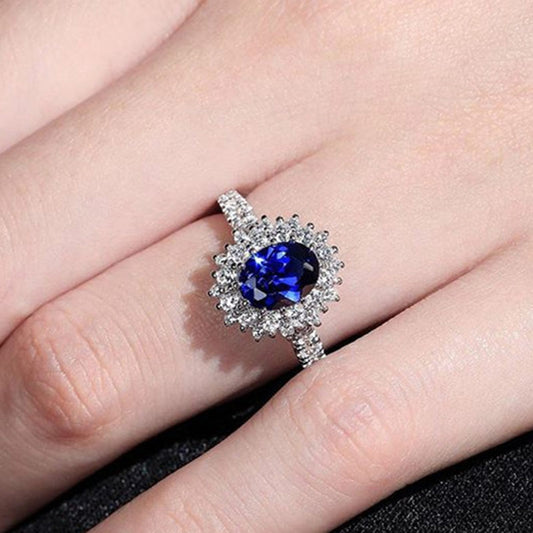 Luxury Blue Crystal Stone Rings with Tiny Flower Cubic Zirconia Elegant Engagement Accessories