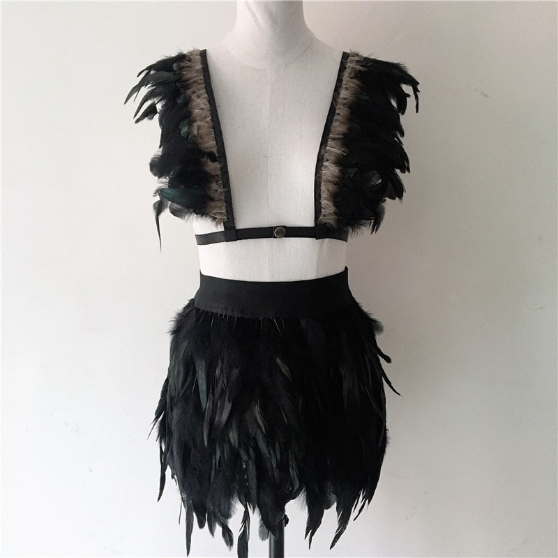 Gothic Faux Feather Two Piece Set Women Sexy Cardigan Crop Top Feathers Mini Skirt