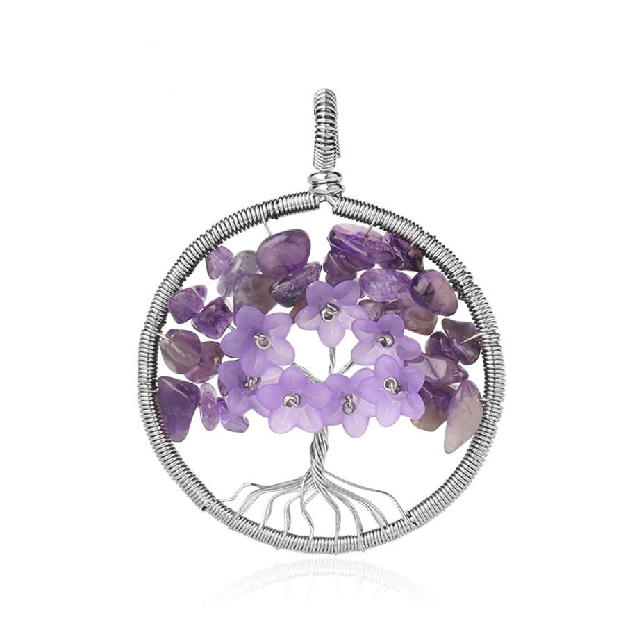 Tree of Life Pendant Necklace Natural Stone Quartz Crystal Chip Bead Flower Reiki Jewelry