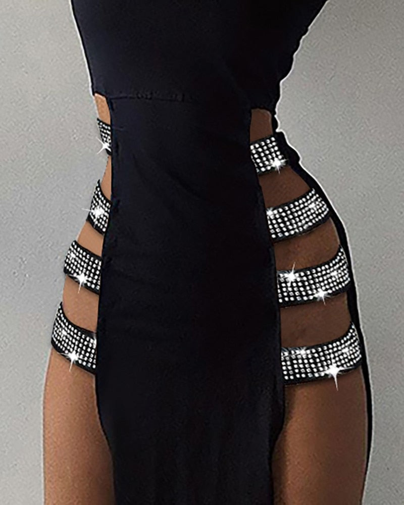 Elegant Lady Sleeveless Mock Neck Studded Bandage Side High Slit Cutout Dresses