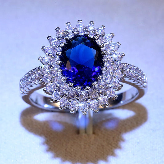 Luxury Blue Crystal Stone Rings with Tiny Flower Cubic Zirconia Elegant Engagement Accessories