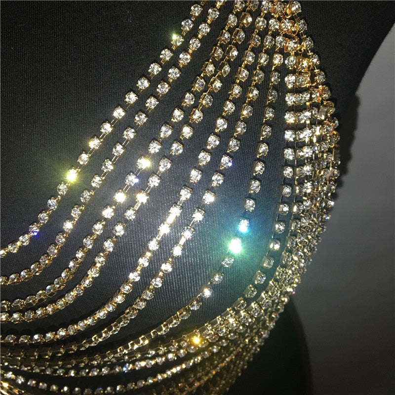 Gold Silver Glisten Crystal Rhinestone Tank Tops Multilayer Diamonds  Crop Tops Night Club