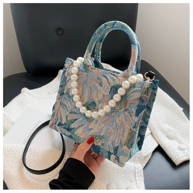 Unusual Design Denim Handbags for Women Luxury Canvas Tote Bag Pearl Bead Decorated Diagonal Crossbag Femme