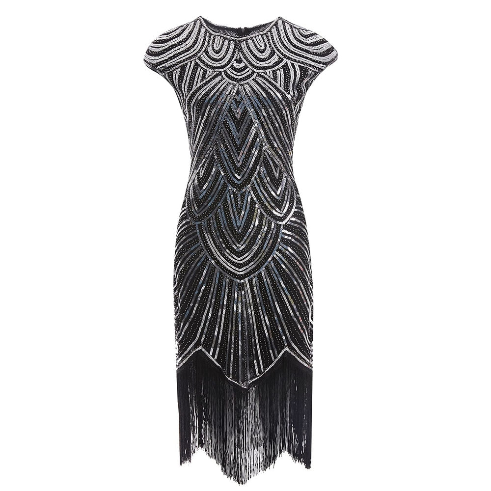 Vintage Flapper Great Gatsby Dress O-Neck Cap Sleeve Sequin Fringe Party Midi Dress