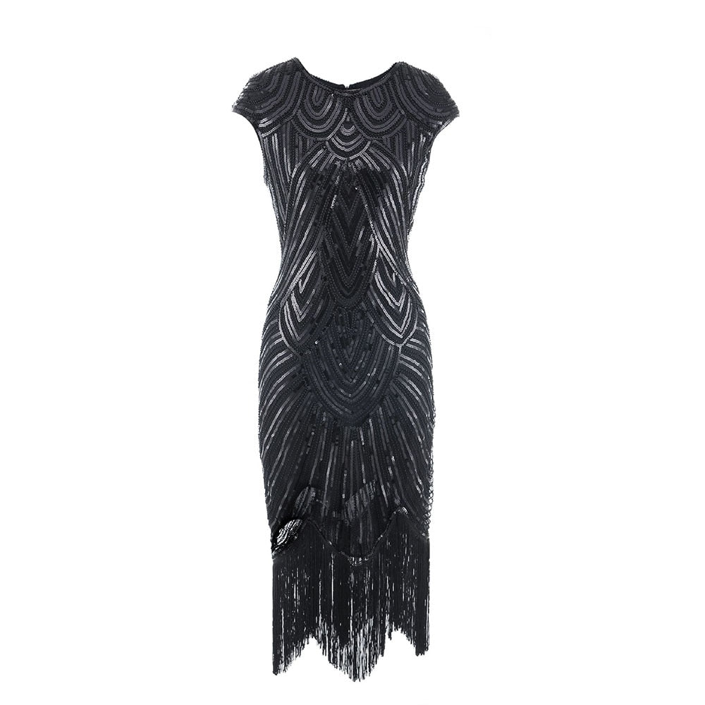 Vintage Flapper Great Gatsby Dress O-Neck Cap Sleeve Sequin Fringe Party Midi Dress