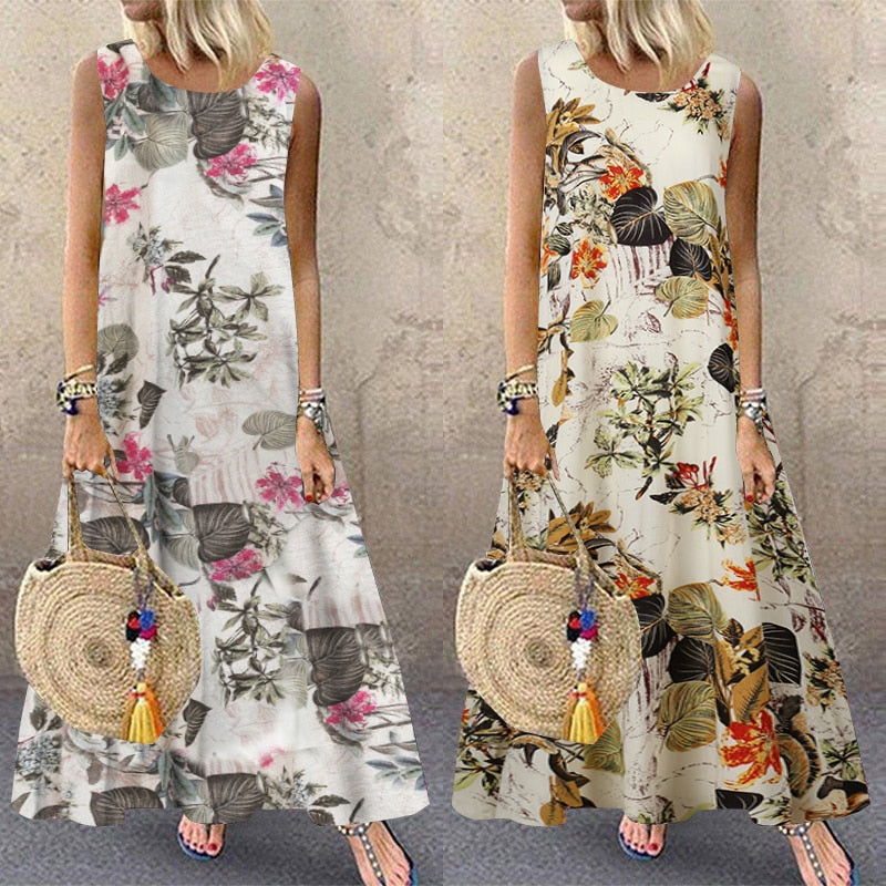 Printed Maxi Sundress Vintage O Neck Sleeveless Tunic Vestidos  Casual Robe Femme