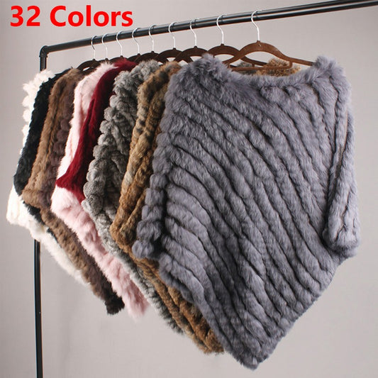 Real Rabbit Fur Knitted Natural Fur Poncho Vest Fashion Wrap Coat Shawl Lady Scarf Cape