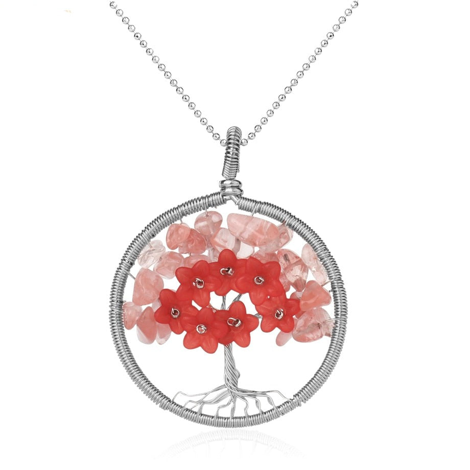 Tree of Life Pendant Necklace Natural Stone Quartz Crystal Chip Bead Flower Reiki Jewelry