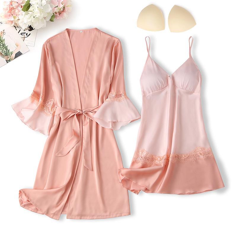 Lace Trim Sexy Robe Suit Loose Satin Kimono Bathrobe Gown Mini Sleepwear Rayon Intimate Lingerie