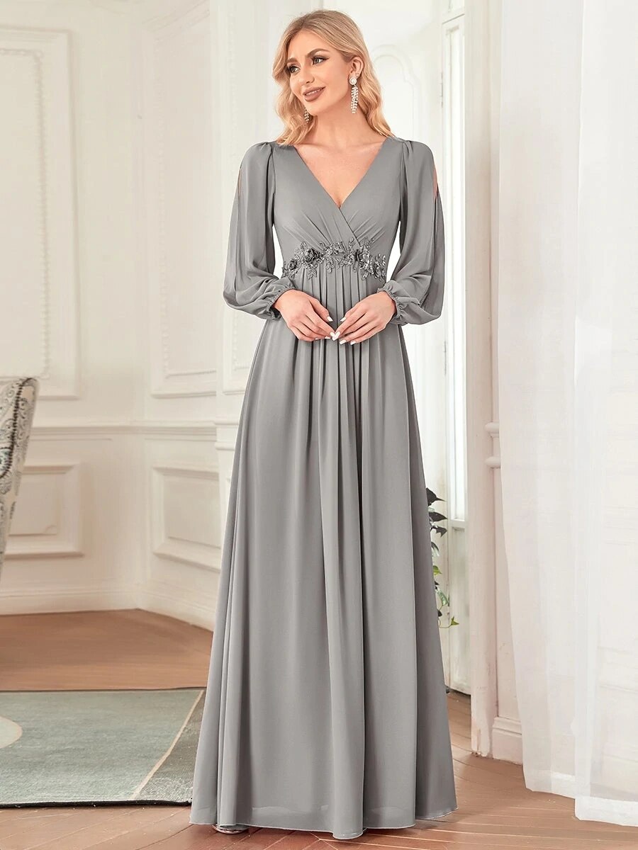 Elegant Evening Dresses Chiffon Long A-LINE long sleeves V-neck